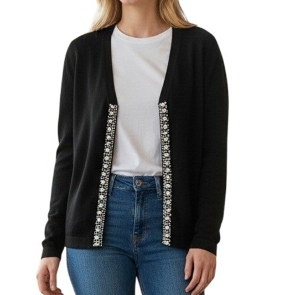 Banana Republic Cardigan Women XL Black Pearl Bead Embellished Cotton Sweater